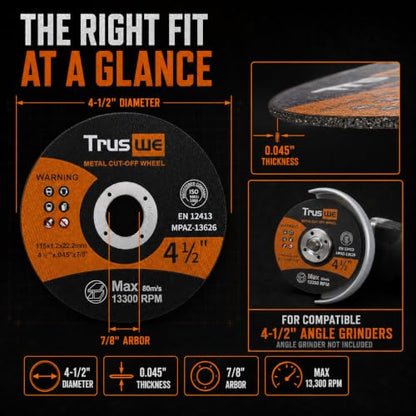 4-1/2 Inch Cut Off Wheels, 52 Count Ultra Thin Metal Cutting Discs for Angle Grinders, 0.045 x 7/8 Inch, for Steel and Stainless Steel, Up to 13,300 RPM - size: 4 1/2 Inch