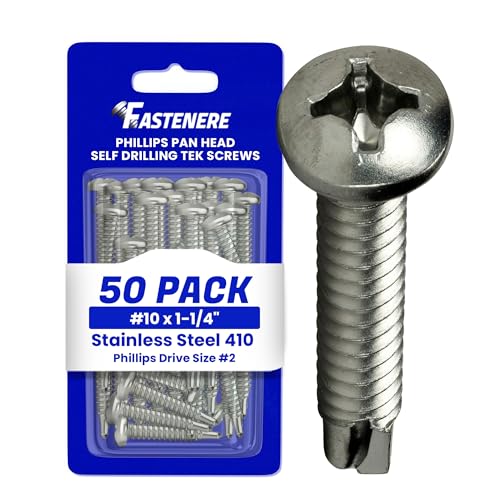 Fastenere Pan Head Self Drilling Tek Screws -#10 x 1-1/4" (50 Pack) Stainless Steel 410, Full Thread, Bright Plain Finish, Corrosion-Resistant, Self-Drilling, Easy to Install w/Phillips Drive Size #2 - size: #10 x 1-1/4" (50 Pack)