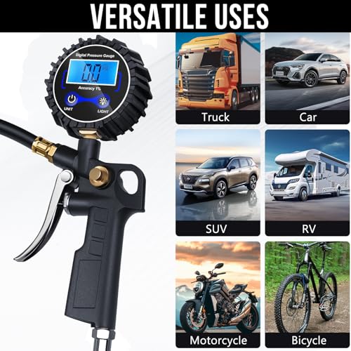 Digital Tire Pressure Gauge with Inflator 3-250 PSI Heavy Duty - size: 1 Pack Standard