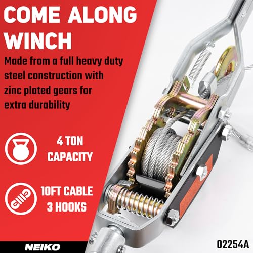 NEIKO 02254A Come Along Winch, 4-Ton (8,000lbs) Pulling Capacity, 9.8Ft, 3 Hook, Heavy Duty Power Cable Come Along Tool with Dual Gears, Hand Winch Cable, Automotive Hoist Winch Puller, Recovery Gear - size: 4 Ton