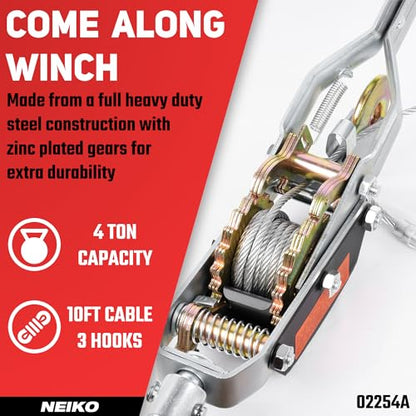 NEIKO 02254A Come Along Winch, 4-Ton (8,000lbs) Pulling Capacity, 9.8Ft, 3 Hook, Heavy Duty Power Cable Come Along Tool with Dual Gears, Hand Winch Cable, Automotive Hoist Winch Puller, Recovery Gear - size: 4 Ton