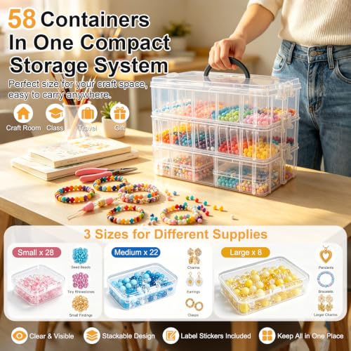 Guyuyii Bead Organizer and Storage, 58 Bead Storage Containers in 3 Sizes
