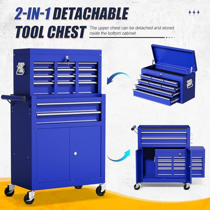 10-Drawer Rolling Tool Chest with wheels, Lockable 2-in-1 Tool Box