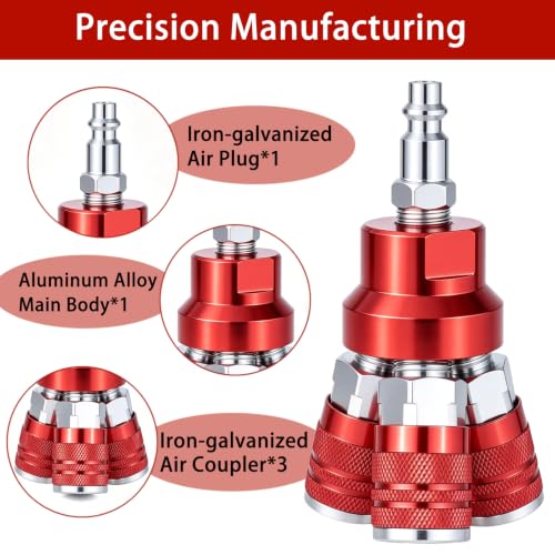 3-Way Air Splitter Air Manifold 3 Way Industrial Air Connect Fitting 3 Couplers Compressor Splitter Accessories（Red） - color: Red