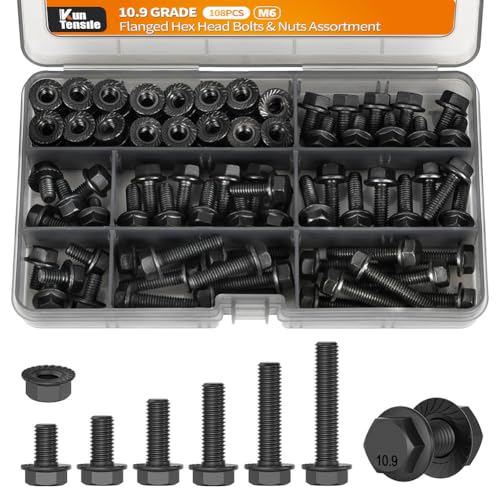 M6 Bolts and Nuts Assortment Grade 10.9 Flanged Hex Bolts Flange Nuts Black - color: Black, size: M6