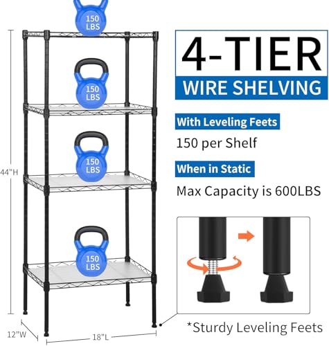 Meet perfect 4-Tier Wire Shelving Unit, 600 lb, 18 x 12 x 44 in, Black - color: Black, size: 4-Tier, 44"H × 18"W × 12"D