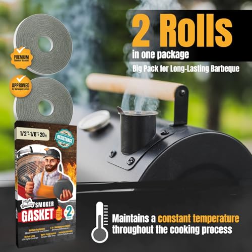 XXL 20 FT Smoker Gasket Seal - Grey 1/2’’ x 1/8’’ Hi-Temp Grill Gasket – 2-Pack x 10 FT Self Stick Grey Nomex Fire Smoker Seal - Tape for BBQ Lid - Smoker Accessories