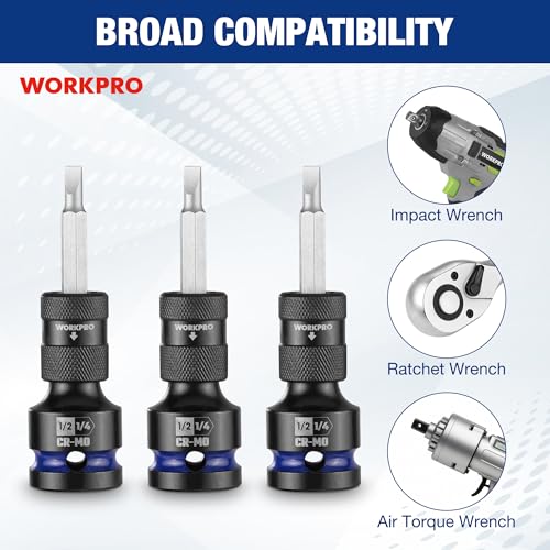 WORKPRO 1/2" Square Drive to 1/4" Hex Quick Release Socket Adapter, CR-MO - size: 1/2 inch