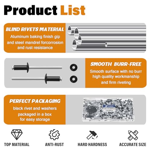 250pcs 1/8" x 1/4" Black Aluminum Pop Rivets with Stainless Steel Washers 3.2 x 6.4mm Blind Rivet Assortment Kit - size: 1/8*1/4