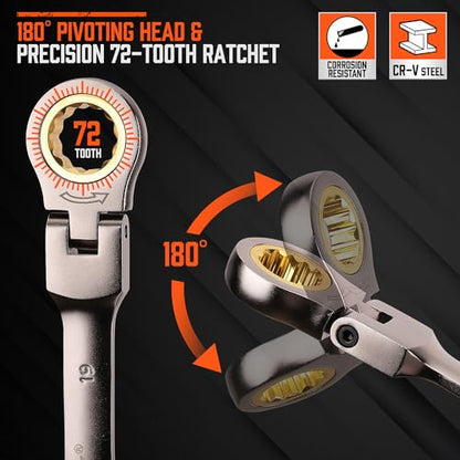 HORUSDY 12-Piece Metric Flex-Head Ratcheting Wrench Set with Organizer | 8-19 mm Ratchet Combination Wrenches Set | 72-Teeth | Chrome Vanadium Steel - style: 12-Piece Metric Flex-Head Ratcheting - Pro