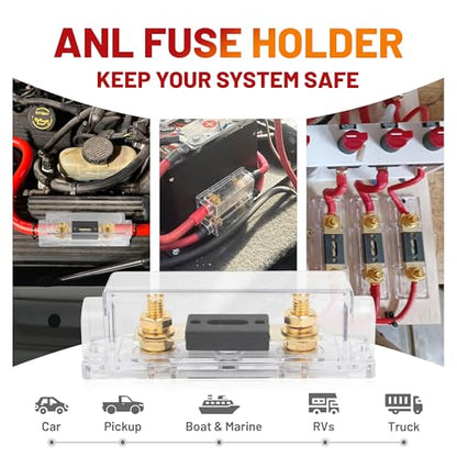 RED WOLF Car Radio Audio ANL Fuse Holder w/300A Fuse for Trolling Motor ATV Trailer Inverters Amplifier Install and Video System Electrical Protection 0/2/4 Gauge in Out, Gold Plated ANL Block 2 Pack