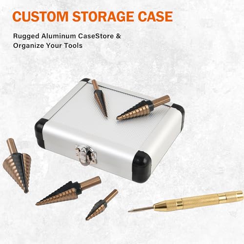 KENDO 6PCS Step Drill Bit Set for Metal, 50 Hole Sizes with Center Punch