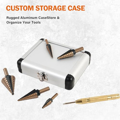 KENDO 6PCS Step Drill Bit Set for Metal, 50 Hole Sizes with Center Punch