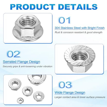 50Pcs Serrated Flange Hex Nuts-M10-1.5-Coarse 304 SS Bright Finish - color: Silver, size: M10-1.5