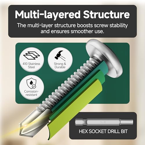 100Pcs 10 x 2 Sheet Metal Screws, Stainless Steel Flat Head Socket Cap Self Drilling Screw, Allen Socket Drive, Self Tapping Screws with Drill Bit - color: Silver, size: #10 x 2"