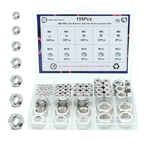 155Pcs Metric Hex Nuts Kit, 304 Stainless Steel Hex Nut Kit - size: Metric Kit---155Pcs