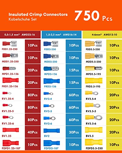 750PCS Wire Connectors Kit, Male and Female Spade Connectors, 27 Types Electrical Connector Kit 0.5-6.0mm², Insulated Terminal Connector, Includes Spade Ring Fork Wire Terminal - size: 750PCS