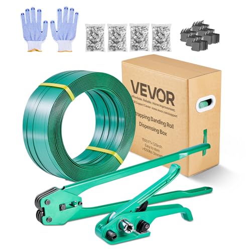 VEVOR Banding Strapping Kit, Heavy Duty Banding Sealer Tool with 1500 ft PET Band, 450 Metal Seals, 150 Corner Protectors & Gloves, Plastic Pallet Packaging Strapping Kit for Warehouse/Shipping/Moving - size: PET 5/8"x1500' 6PC Set