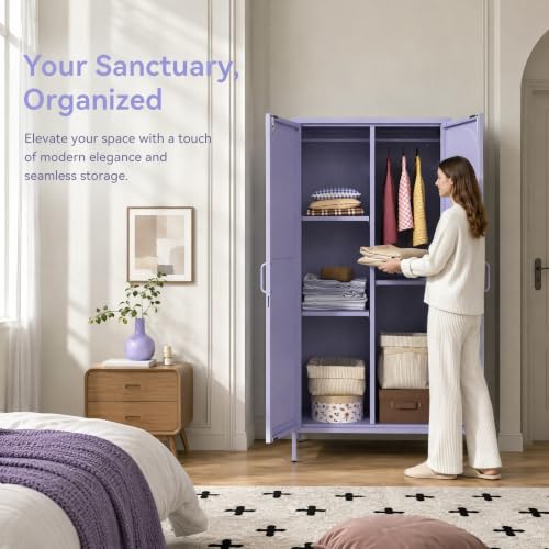 Purple Lockable Armoire Wardrobe Closet Storage Cabinet with Hanging Rod, 67" Metal Wardrobe Cabinet with 2 Doors and 3 Adjustable Shelves for Bedroom, Laundry Room, Cloak Room, Gym, Office - color: Lilac, style: Wardrobe-67"H-YX