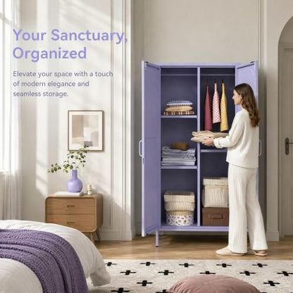Purple Lockable Armoire Wardrobe Closet Storage Cabinet with Hanging Rod, 67" Metal Wardrobe Cabinet with 2 Doors and 3 Adjustable Shelves for Bedroom, Laundry Room, Cloak Room, Gym, Office - color: Lilac, style: Wardrobe-67"H-YX