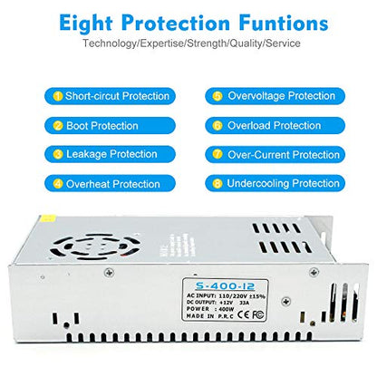 inShareplus 12V 33A 400W, DC Universal Regulated Switching Power Supply, Converter AC 100-240V to DC 12 Volt LED Driver, Transformer, Adapter for LED Strip Light, 3D Printer, Radio, Computer Project - style: 12V 400W