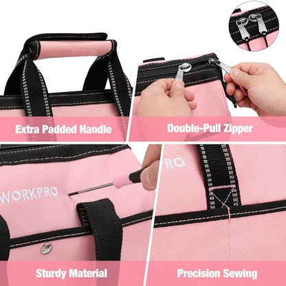 WORKPRO 13-Inch Tool Bag, Pink Soft Cloth Tool Storage Bags, Wide Mouth Tool Tote Bag with Inside Pockets - Pink Ribbon - color: Pink