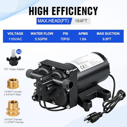 ECO-WORTHY 110V AC Fresh Transfer Diaphragm Water Pump On Demand 5.5GPM 70PSI High Pressure Water Booster Pump 110 Volt with Pressure Switch for Irrigation Garden Hose Sprinkler Home RV - color: Black 7