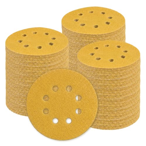5-Inch 8-Hole Hook and Loop Sanding Discs 120-Grit, 200-Pack, Premium Random Orbital Sandpaper for Woodworking or Automotive