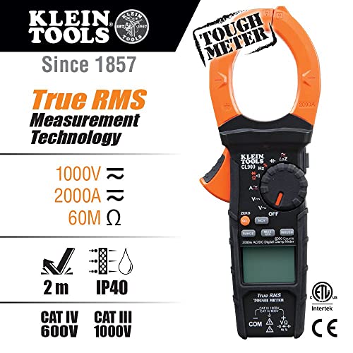 Klein Tools CL900 Digital Clamp Meter, Autoranging TRMS, AC/DC Voltage/Current, 2000A, LOZ, Continuity, Frequency, NCVT, Temp, More, 1000V & 69409 Line Splitter 10x