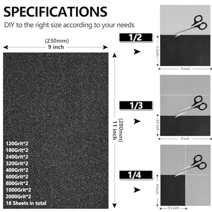 18-Sheet 9 x 11 Inch Sandpaper Assortment, Wet Dry Sand Paper - size: 9 x 11 Inch, style: Mix Grit-18sheets