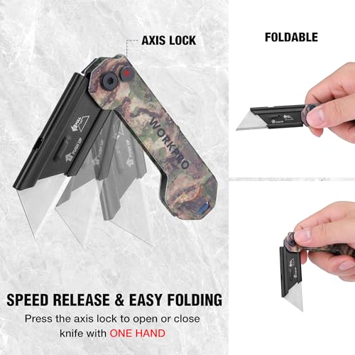 WORKPRO EDC Folding Utility Knife, Mini Box Cutter with Quick Open Axis Lock, Quick Change Blade Razor Knife, Foldable Small Pocket Knife with Belt Clip, 1 Pack with 10 Extra Blades - color: Camo
