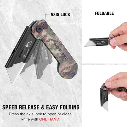 WORKPRO EDC Folding Utility Knife, Mini Box Cutter with Quick Open Axis Lock, Quick Change Blade Razor Knife, Foldable Small Pocket Knife with Belt Clip, 1 Pack with 10 Extra Blades - color: Camo