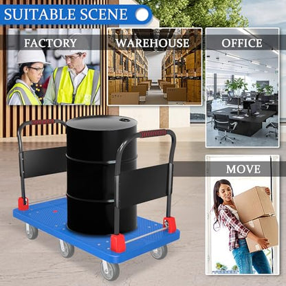 2200 lb Heavy Duty Platform Truck with Dual Handrails & 6 Rubber Wheels - color: Blue-50" Lx27 W