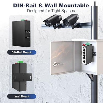 5 Port Mini Gigabit Industrial DIN-Rail Switch, 4 x 100/1000Mbps Ports,1 Gigabit Uplink, Din Rail & Wall Mount Included, Unmanaged IP30 (-40~185°F) Hardened YuLinca Industrial Ethernet Switch