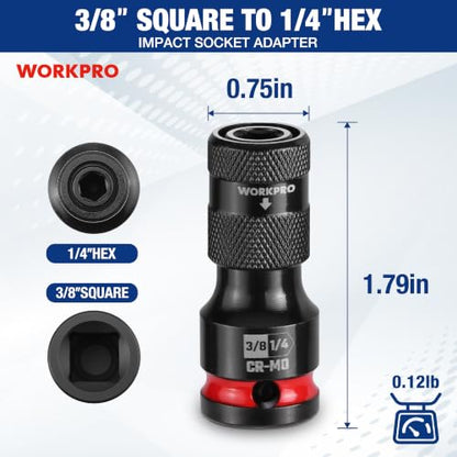 WORKPRO 3/8" Square Drive to 1/4" Hex Quick Release Socket Adapter, CR-MO - size: 3/8 inch