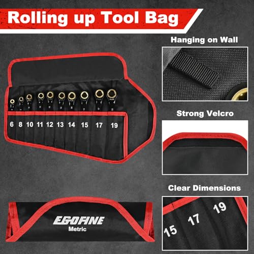 Egofine Ratcheting Wrench Set 10 Piece, Metric Wrench Set, CR-V Steel 6-19mm Wrench, 72-Teeth Combination wrench set, Black Electrophoretic Coating Ratchet Wrenches Set with Tool Roll Bag - style: Metric-10 piece set