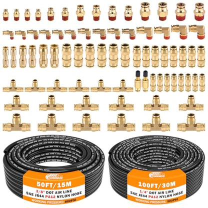 CheeMuii 76 Pcs Brass DOT Air Line Fittings with 1/4" & 3/8" DOT Air Hoses - size: 2ROLL-80PCS-BLACK
