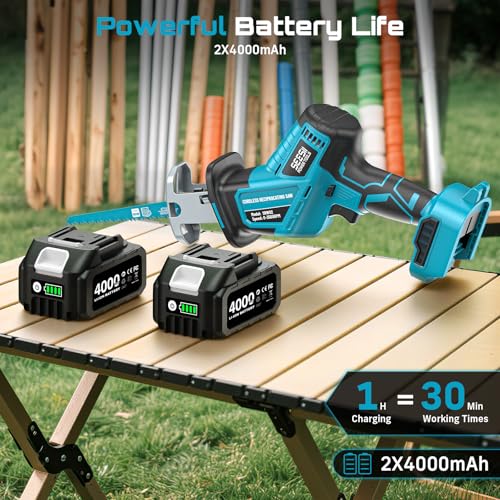 SEESII Reciprocating Saw Cordless with 2 x 4.0Ah Batteries and 6 Saw Blades - color: Blue