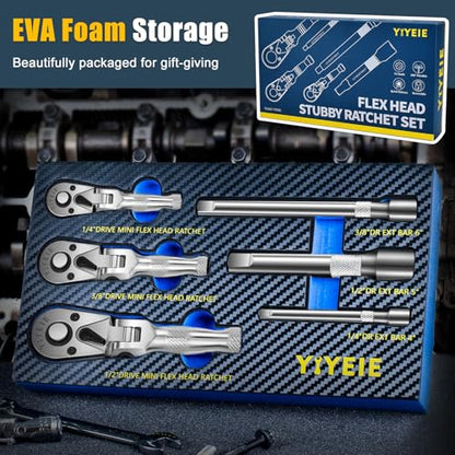 YIYEIE Stubby Flex Head Ratchet Set, 6PCS Stubby Ratchet Set 1/4 3/8 1/2 inch with 3 Extension Bars, 72 Tooth Reversible & Quick-Release, 180° Swivel Head Mini Handle with EVA Foam - size: 1/4", 3/8", 1/2" Drive, style: Stubby Ratchet Set