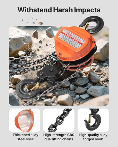 VEVOR Hand Chain Hoist, 3 Ton 6600 lbs Capacity, Manual Chain Block with Upgrade G80 Galvanized Chain, 10 ft Lifting Height, Heavy Duty Pulley Hoist for Garage Warehouse Automotive Machinery, Orange - size: 3T 10FT