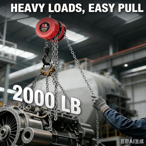 BIG RED 1Ton Manual Chain Block with 10ft Lift & Safety Hooks – 360° Rotating Heavy-Duty Hooks, Alloy Steel Chain, Mechanical Load Brake, ASME B30.16 Complian