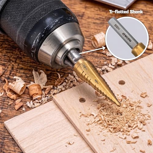 NEIKO 10614A Step Drill Bit, 2 Steps 3/8" to 1/2" Straight High Speed Steel, Titanium Nitride Coated, 1/4" Tri Flat Step Bits for Steel, Metal, Wood, Plastic, Unibit Cone Drill Bits, Two Flute - size: #6 (3/8 - 1/2", 2S), style: Straight
