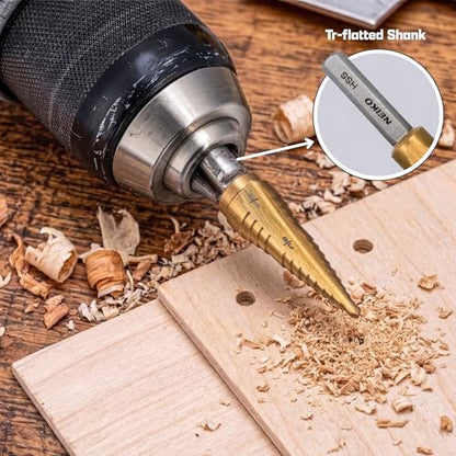 NEIKO 10614A Step Drill Bit, 2 Steps 3/8" to 1/2" Straight High Speed Steel, Titanium Nitride Coated, 1/4" Tri Flat Step Bits for Steel, Metal, Wood, Plastic, Unibit Cone Drill Bits, Two Flute - size: #6 (3/8 - 1/2", 2S), style: Straight