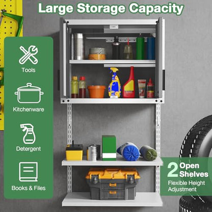 Goplus Garage Wall Cabinet, Metal Wall Mounted Tool Storage Chest with 3 Adjustable Shelves, Lockable Doors, Keys, Hanging Tool Cabinet for Workshop, Basement, Kitchen