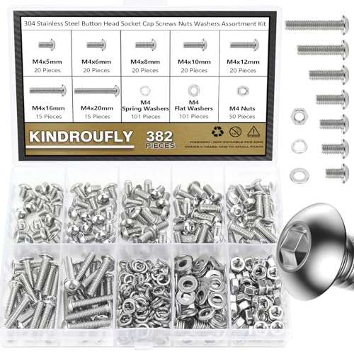 382 Pieces M4 x 5/6 /8/10 /12/16 /20mm Button Head Socket Cap Screws Nuts Washers Assortment Kit, 304 Stainless Steel, Fully Machine Thread - size: M4, style: Button Head