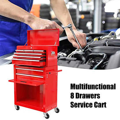 Red 8-Drawer Heavy Duty Tool Chest with Ball Bearing Drawers, Central Locking & 4 Wheels (2 Brakes) - Rolling Garage Storage Cabinet - color: Red, size: 24.2 x 13 x 42.8