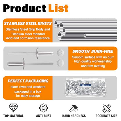 130pcs 1/8" x 1/2" Stainless Steel Pop Rivets with Stainless Steel Washers 3.2 x 12.7mm Blind Rivet Assortment Kit - size: 1/8*1/2
