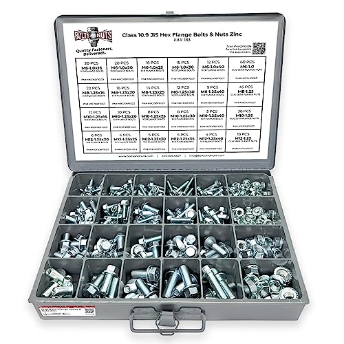 M6 M8 M10 M12 Metric Class 10.9 JIS Hex Cap Flange Frame Bolts & Nuts Zinc Assortment Kit - 375 Pieces!