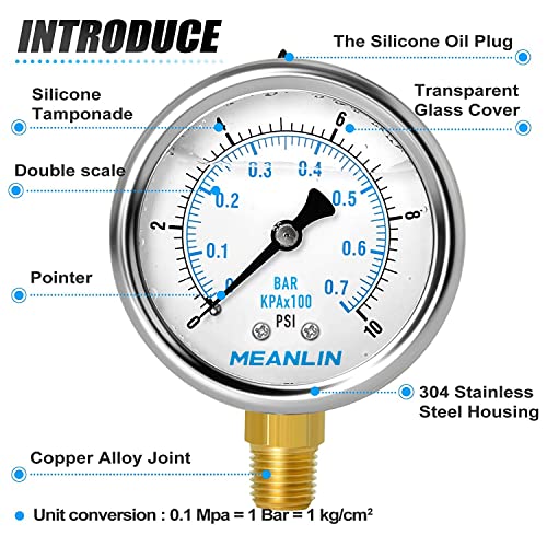 MEANLIN MEASURE 0~10Psi Stainless Steel 1/4" NPT 2.5" FACE DIAL,Liquid Filled Pressure Gauge,WOG Water Oil Air Lower Mount (Pack of 2), with 1/2" NPT and 3/8" NPT Hex Bushing - size: 0-10Psi (2Pcs)