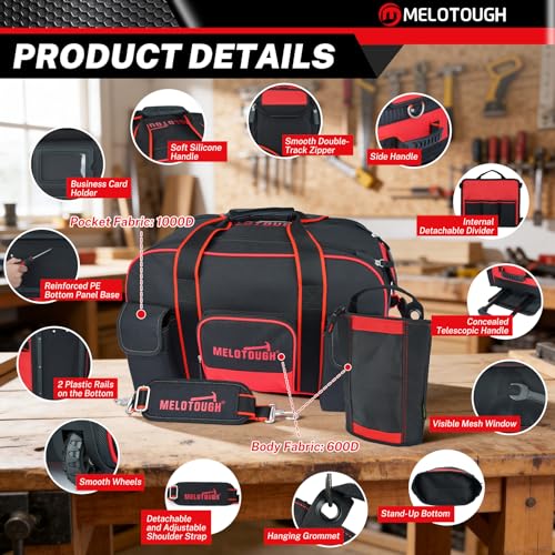 MELOTOUGH Rolling Tool Bag with 3 Zipper Pouches, Heavy Duty Large Tool Bag with Concealed Telescoping Handle, Multi-Pocket Organizer for Construction, Electrician, HVAC - 4 Carrying Options (Red) - style: Rolling Tool Bag Set